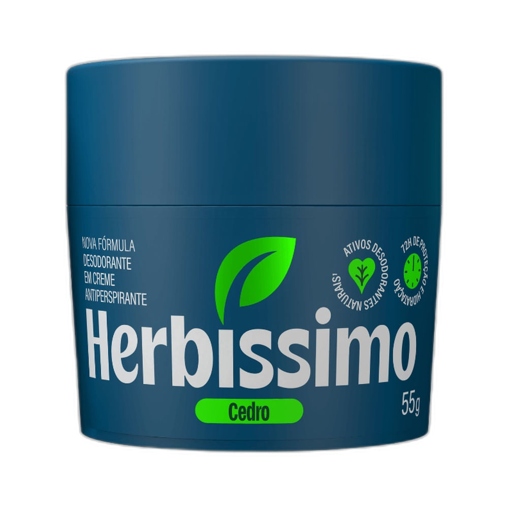Desodorante Creme Herbíssimo Cedro 55g embalagem azul escura com detalhes verdes e brancos